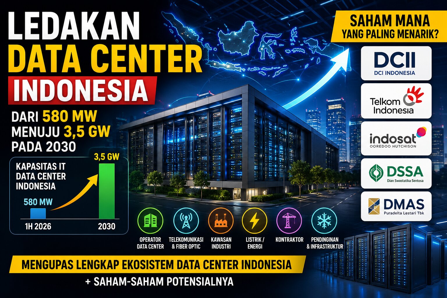 Ledakan Data Center Indonesia: Dari 580 MW Menuju 3,5 GW, Saham Mana yang Paling Menarik?